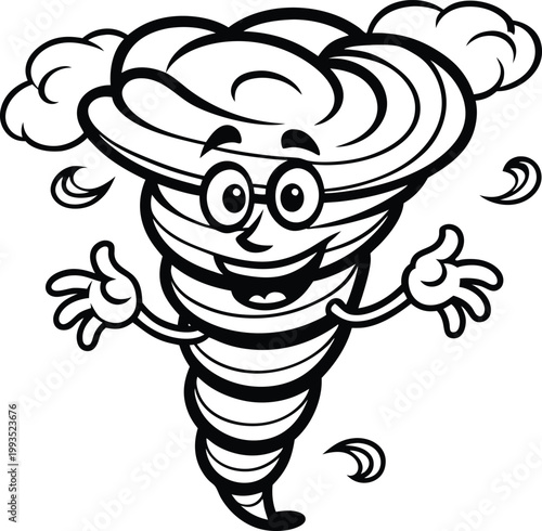 Jovial Cartoon Tornado Character Smiling with Open Arms, Embracing Whimsical Weather Adventures