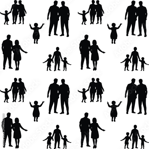Family silhouettes collection, parents and children together, happy parenting scenes, human relationships concept, isolated black figures, love care bonding illustration