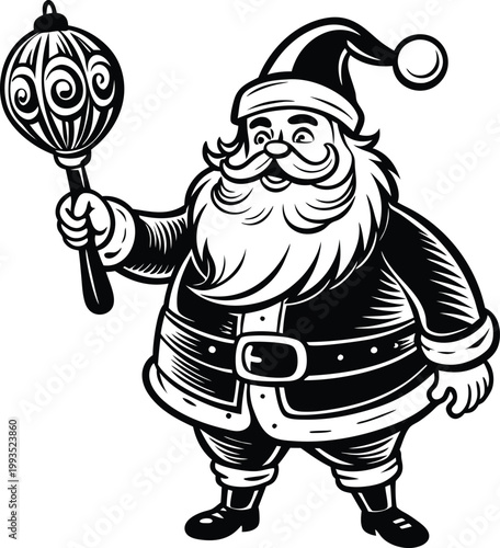 Festive Santa Claus Character Holding an Elaborately Ornate Christmas Tree Ornament