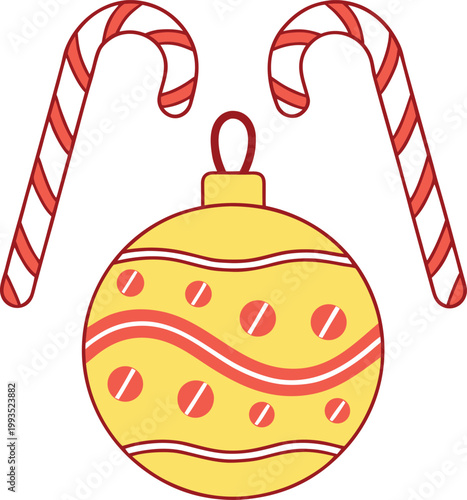 Festive yellow Christmas ornament with two red striped candy canes for holiday cheer