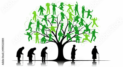 Conceptual illustration of life cycle with silhouettes of elderly people standing near a large tree composed of active green silhouettes of jumping young people, metaphor for aging and energy.