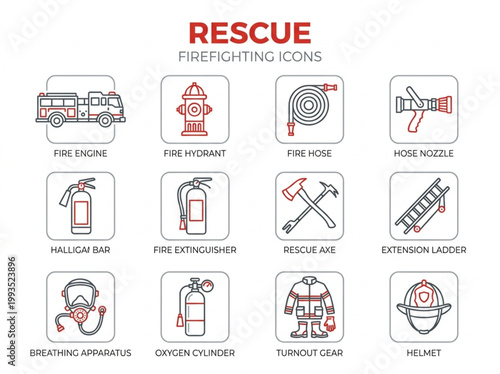 Professional firefighting and emergency rescue icon set featuring specialized fire department equipment, protective gear, and industrial suppression tools
