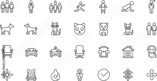 Mixed everyday objects and animals line icon set featuring people pets furniture symbols and general elements outline vector illustration