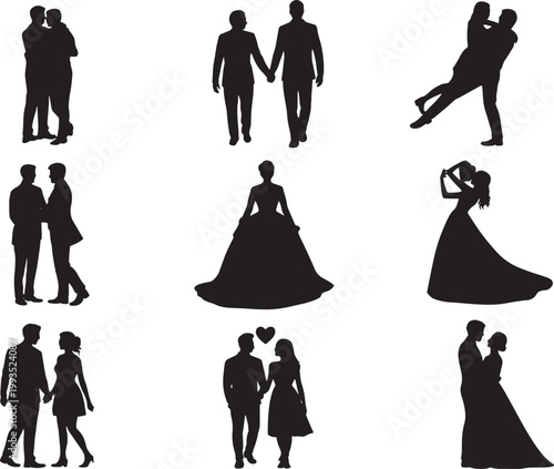 Collection of romantic couple silhouettes, including wedding figures and diverse relationships
