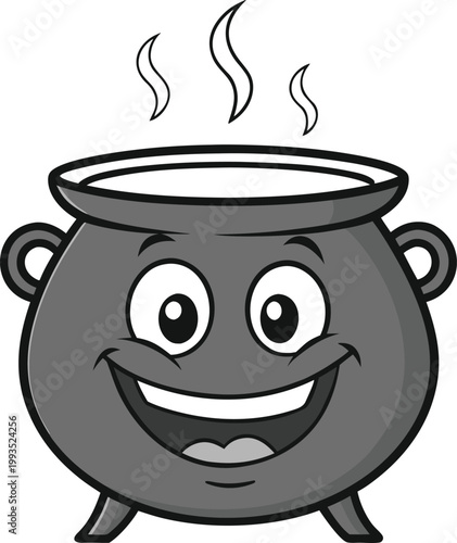 Grayscale Smiling Cartoon Cauldron Bubbling with Potion and Happy Facial Expression