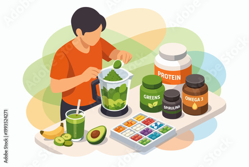Man preparing healthy green smoothie with various supplements and vitamins