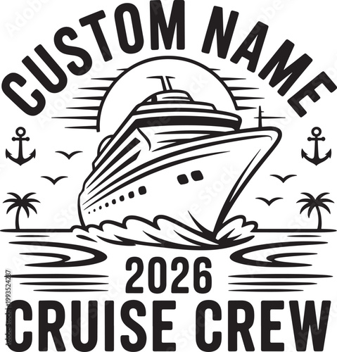 Customizable 2026 cruise crew vintage t-shirt design with ship and tropical elements