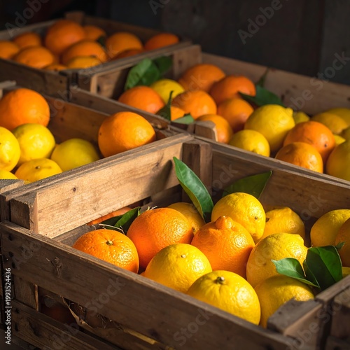 Fresh oranges and lemons in crates.