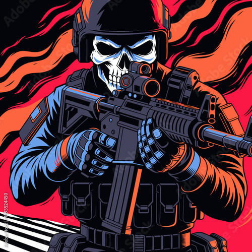 Ghost Soldier: A menacing close-up of a masked soldier in full tactical gear, armed with a rifle and staring intently down the sights, ready for action. The skull mask adds an air of mystery and ... S