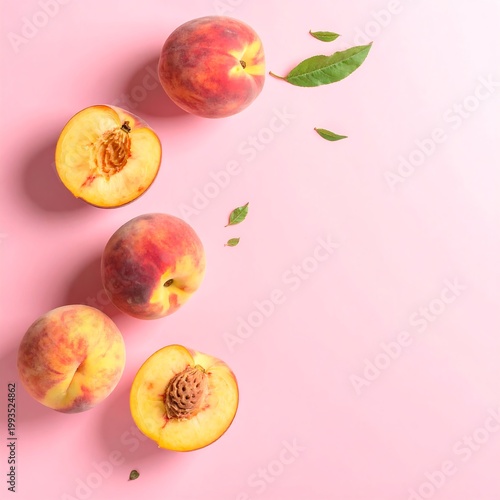 Fresh peaches on pink background.
