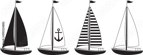 Four diverse sailboats displayed in a row