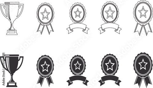 Vintage collection of black and white award ribbons trophies and medals illustration