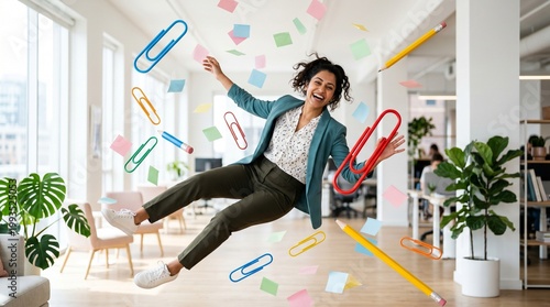 Joyful South Asian businesswoman floating in a zero-gravity modern office. Playful surreal scene with giant paper clips, pencils, and sticky notes. Whimsical creative professional concept