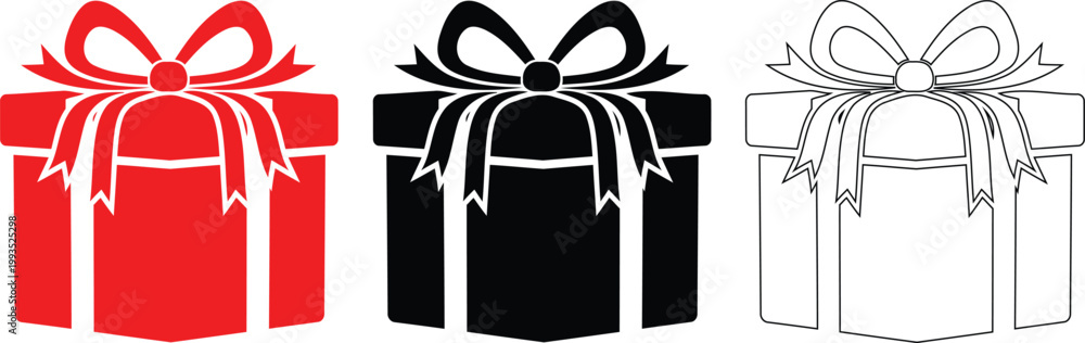 Fototapeta premium Three gift boxes with bows red black and white silhouette