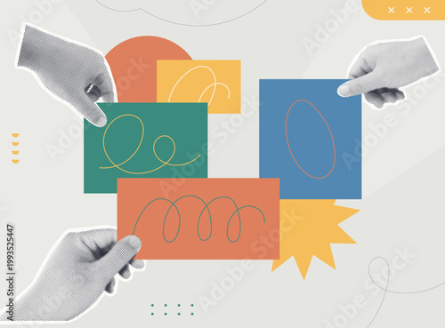 Trendy Halftone Collage style illustration of three hands arranging colorful abstract cards together, representing collective creativity, collaboration and creative teamwork concept.