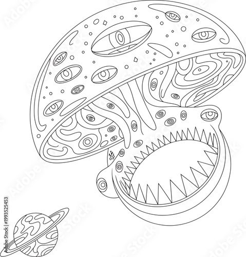 Fantasy alien jellyfish creature with sharp teeth and planets