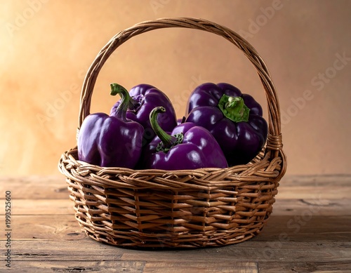 Fresh Purple Bell Peppers in Basket.