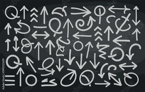 Hand drawn arrow collection with various shapes and styles including straight curved circular and zigzag lines in white chalk texture on a dark charcoal gray background