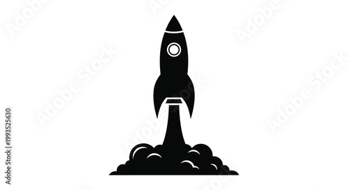 A sleek rocket launches with fiery exhaust trails a striking black silhouette