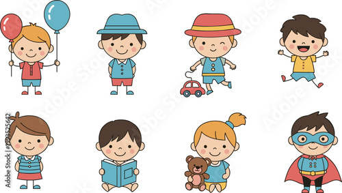 Set of Cute Children Illustrations with Balloons, Toys, Books, and Superhero Costumes for Family, Playtime, and Childhood Designs, Vector Art