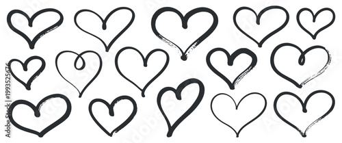 Collection of hand drawn heart shapes with thick black ink outlines isolated on a white background featuring various sketchy doodle styles and irregular stroke textures for