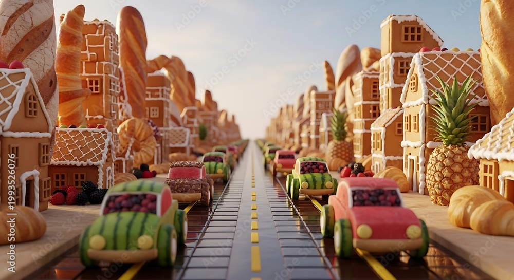 Fototapeta premium Toy cars made of food and gingerbread houses in a street with food art food sculpture whimsical