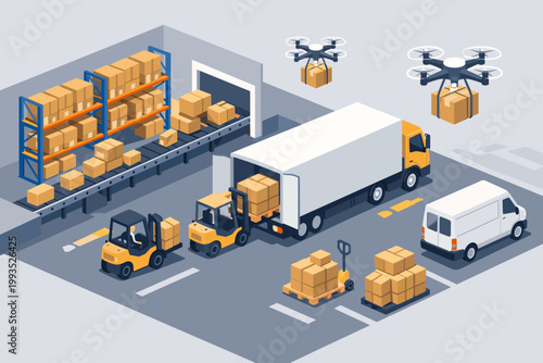 Modern Warehouse Logistics and Fulfillment Center with Forklifts Loading Pallet Boxes into a Delivery Truck, Drones Carrying Packages, and a Conveyor Belt System in an Isometric Vector Design