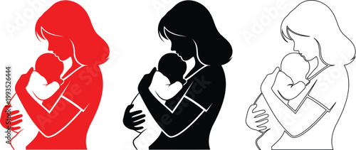 Three female figures red black and white silhouettes with embracing gestures