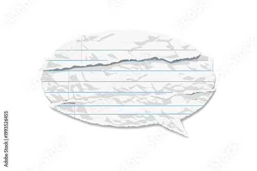 Ripped paper chat balloon vector with torn speech bubble shape. Crumpled notebook texture with blue lines and red margin. Folded paper collage effect on white background for message and design.