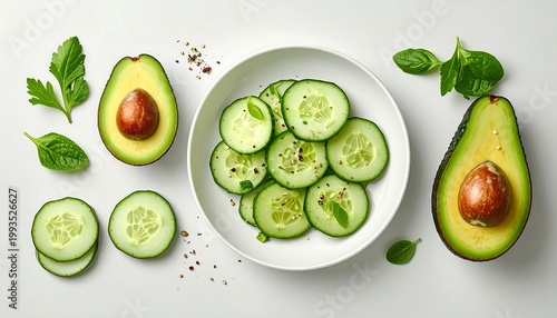 Fresh sliced cucumbers and avocado.