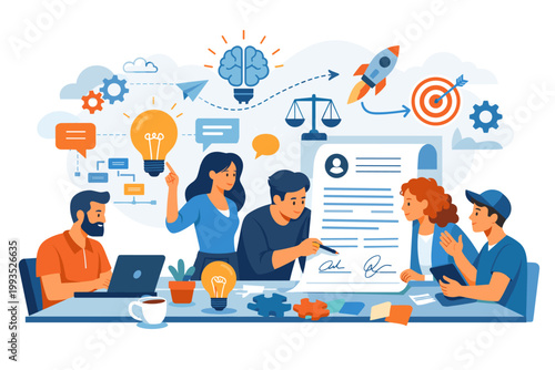 Diverse business team collaborating on project management, legal agreements, and creative ideas. Illustration featuring innovation, strategic planning, teamwork, and startup entrepreneurship.
