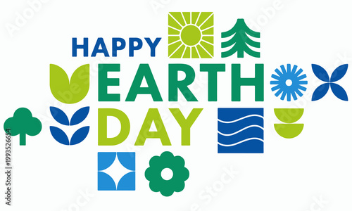 Happy Earth Day typography with geometric nature icons, modern eco-friendly vector illustration, green and blue environmental symbols for sustainability and conservation awareness