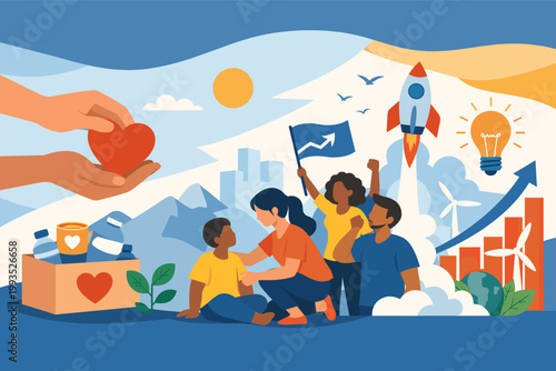 Social Impact and Corporate Responsibility Illustration Featuring Charity Donation Box, Community Support, Sustainable Growth, Innovation Rocket, and Environmental Awareness for Global Progress