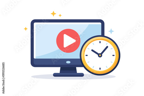 Watch Time Concept Vector Illustration Featuring a Computer Monitor with a Play Button and a Clock Icon, Ideal for Video Streaming, Online Education, Media Duration, and Time Management Content.