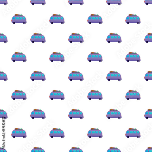 Pattern featuring purple camper vans with luggage on roofs for summer road trips