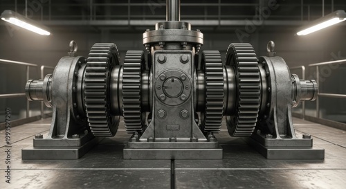 A large industrial gear system sits on a metal floor in a dimly lit factory with heavy machinery around.