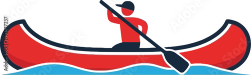 Canoeist paddling in a red canoe on blue water.