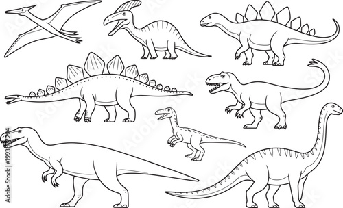 Set of Black and White Dinosaur Outline Illustrations
