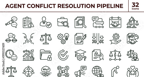 Agent conflict resolution pipeline icon set illustrating negotiation mediation agreement communication collaboration decision management workflow outline vector symbols