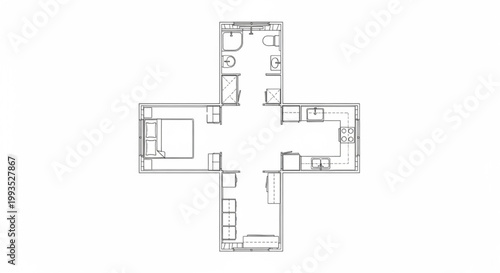 Modern Cross-Shaped Residential Floor Plan Layout with Furniture Symbols and Architectural Blueprint Detail