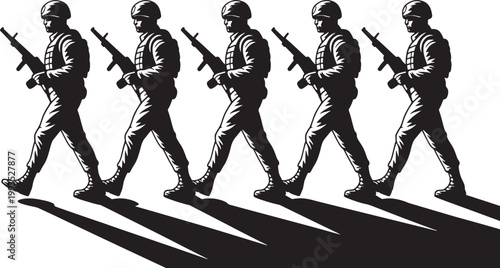 A disciplined formation of armed soldiers marches forward in a determined stride