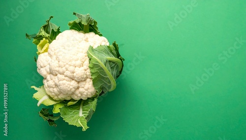 Fresh white cauliflower on green background.