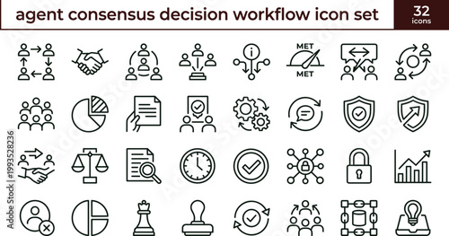 Agent consensus decision workflow icon set illustrating collaboration approval evaluation voting agreement process management analytics strategy vector symbols