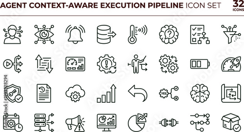 Agent context aware execution pipeline icon set illustrating adaptive monitoring decision automation analytics workflow artificial intelligence system vector symbols