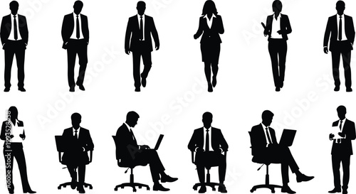 Silhouettes of diverse business professionals in various poses and settings