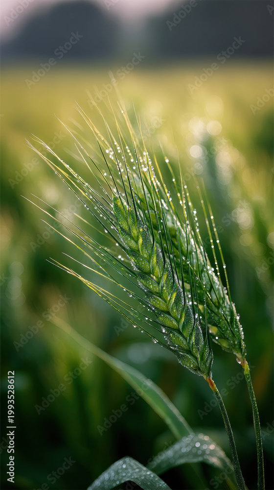 Obraz premium Close up of green wheat ear with dew drops in field, morning sunlight, natural agriculture, fresh and vibrant atmosphere