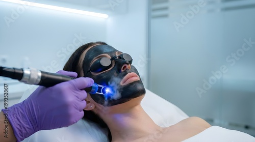 Woman receiving carbon laser peel facial treatment in clinic, skin rejuvenation and deep cleansing