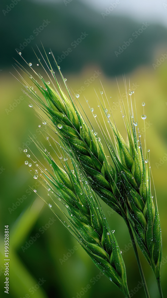 Fototapeta premium Green wheat ear close up dew water drop nature agriculture field plant fresh growth Close up of green wheat ears with dew drops fresh and vibrant