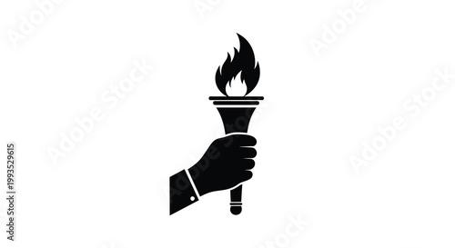A hand firmly holding a burning torch depicted in stark black silhouette