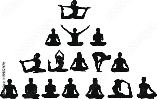 A pyramid of silhouettes depicting various yoga poses and meditative practices